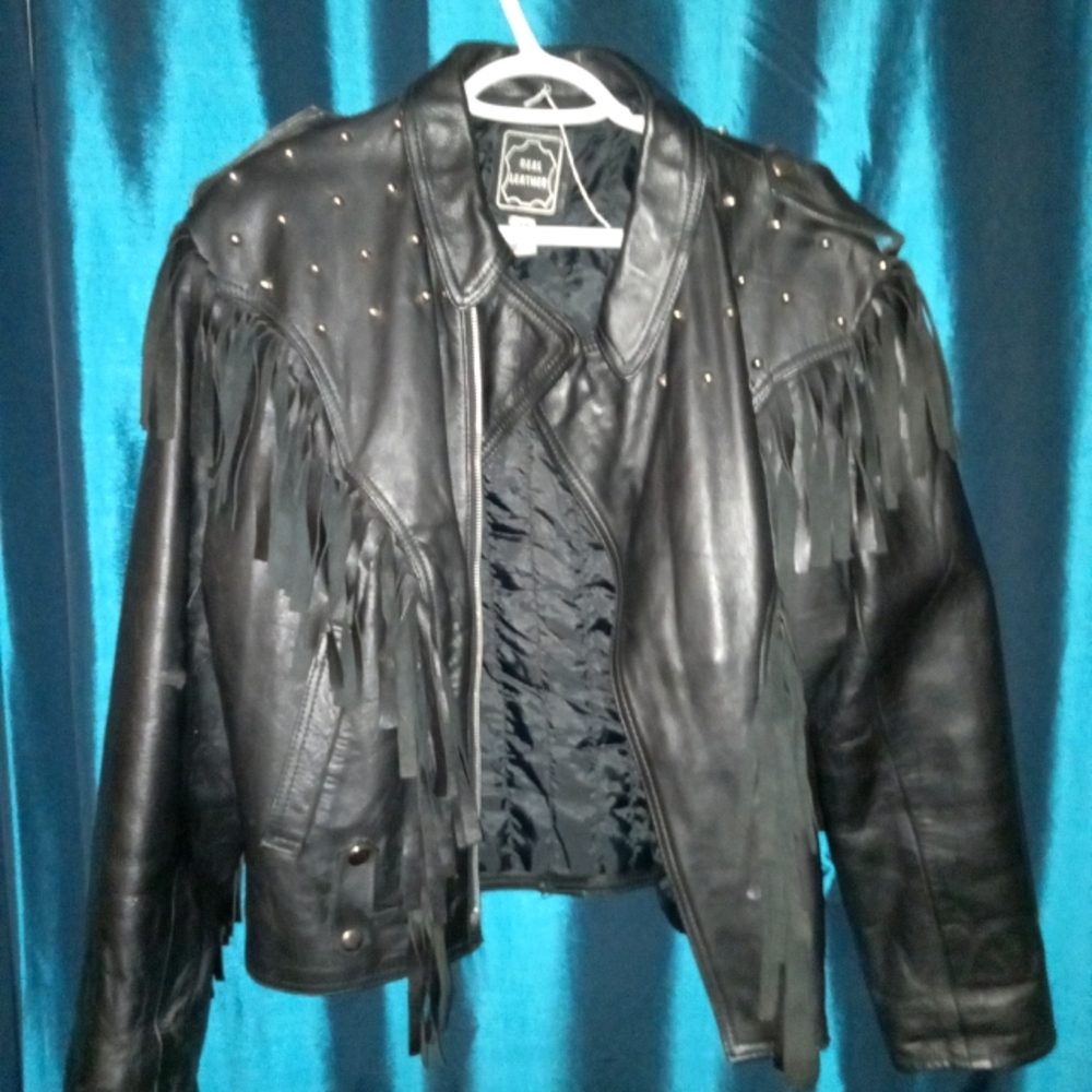 Authentic Leather Biker Jacket with Fringe and Studs Size Medium Women’s